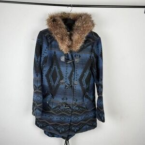 BB Dakota Womens Small Tribal Toggle Coat Blue Black Hooded Faux Fur Boho Jacket